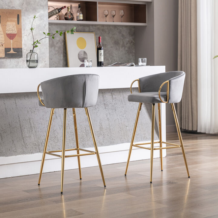 26 Inch Set Of 2 Bar Stools, With Chrome Footrest And Base Velvet + Leg Simple Barstool