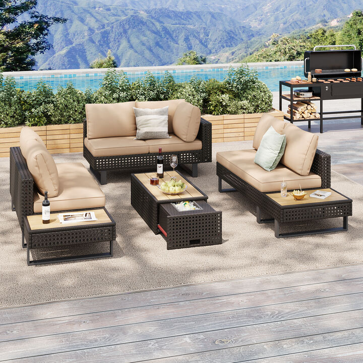 Merax Outdoor Sofa Extendable Coffee Table with Ice Bucket Set