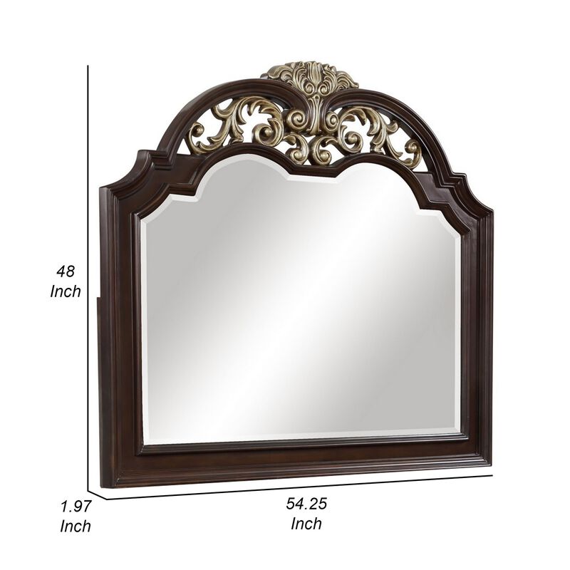 Benjara Liana 54 Inch Dresser Mirror, Crown Carvings, Wood, Tone Scrolling, Brown, Gold