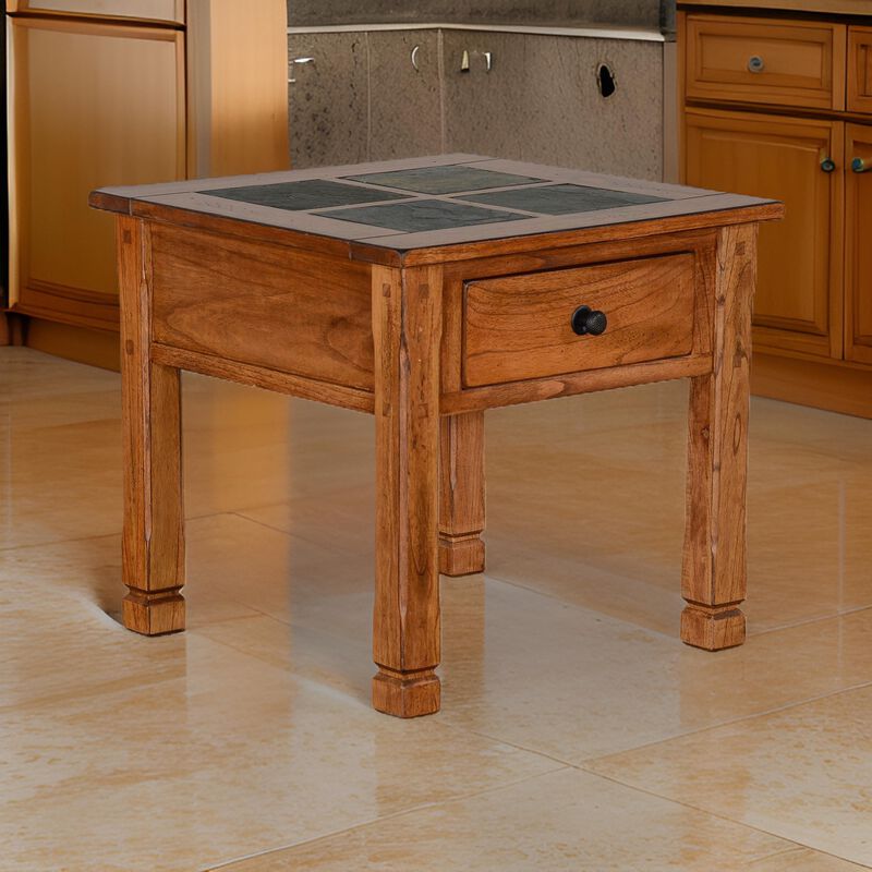 Marv Side End Table w Drawer, 26 Inch Square Slate Inlay Top, Brown - Benzara
