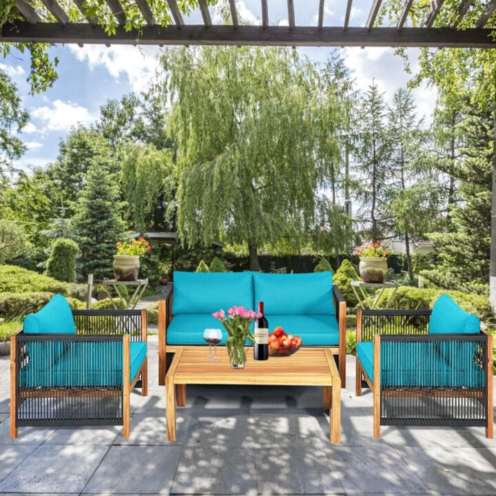 Hivvago 4 Pieces Acacia Wood Sofa Set with Cushions for Outdoor Patio