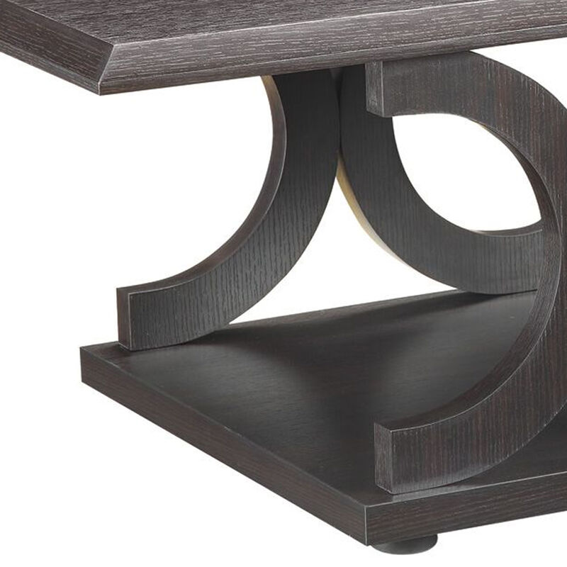 Contemporary Style C Shaped Coffee Table With Open Shelf, Espresso Brown-Benzara