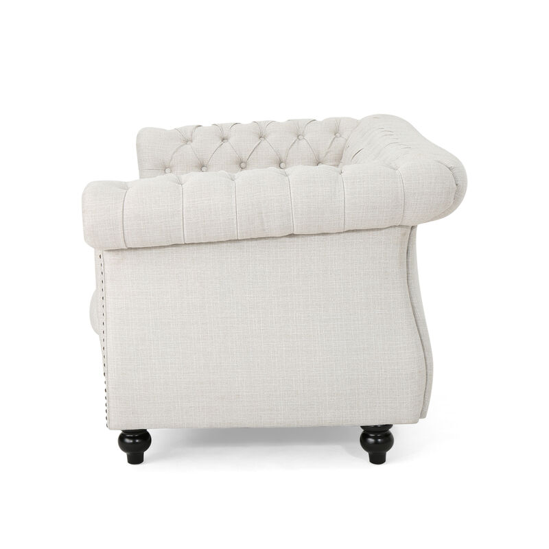 Bernie Loveseat 62 Inch Sofa, Nailhead Trim, Solid Wood Beige Tufted Fabric - Benzara