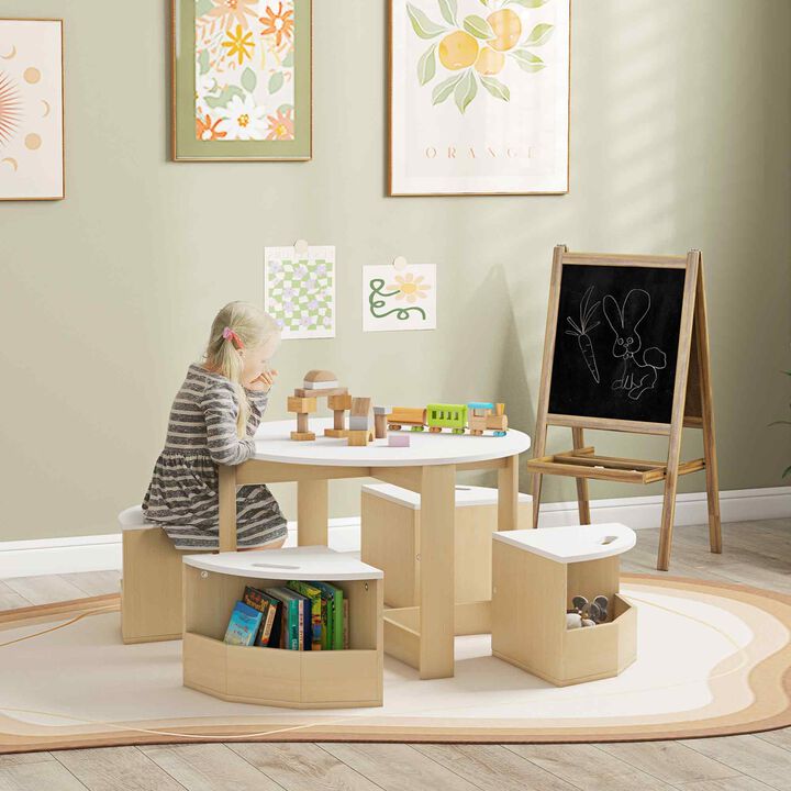 Qaba Kids Table and Chairs Set, 5 Piece Toddler Table and Chairs Set with Storage for Art, Craft, Drawing, Playroom, Classroom, Nursery, White