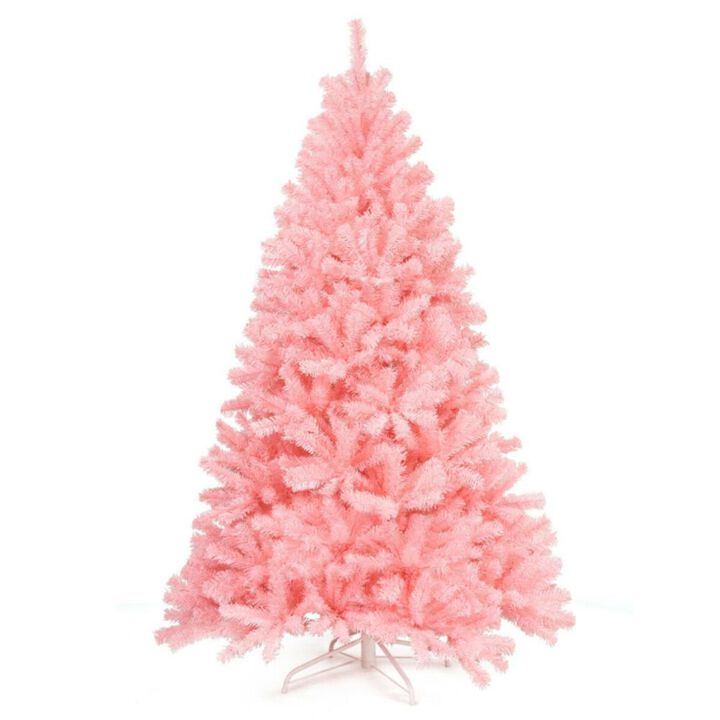 Hivvago 6 Feet Pink Artificial Hinged Spruce Full Christmas Tree with Foldable Metal Stand