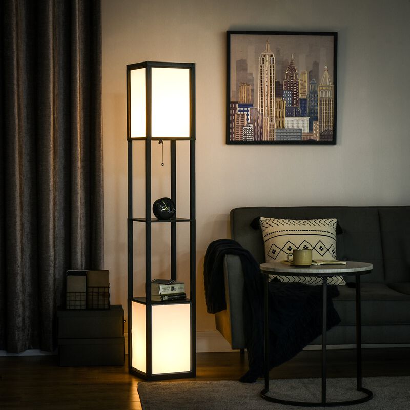 Black Living Room Light: Standing Lamp with 2 Lights & Shelves