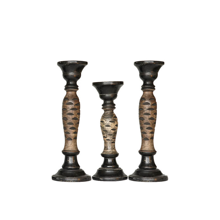 Traditional Dark Polish Eco-friendly Handmade Mango Wood Set Of Three 15",12" & 15" Pillar Candle Holder BBH Homes