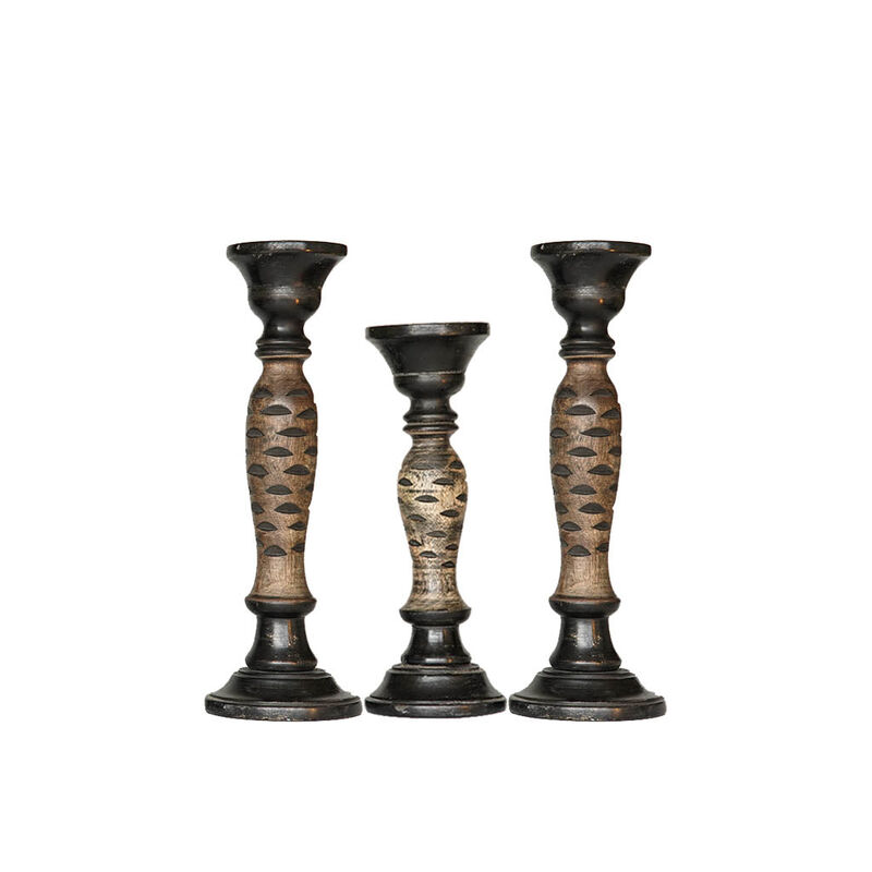 Traditional Dark Polish Eco-friendly Handmade Mango Wood Set Of Three 15",12" & 15" Pillar Candle Holder BBH Homes
