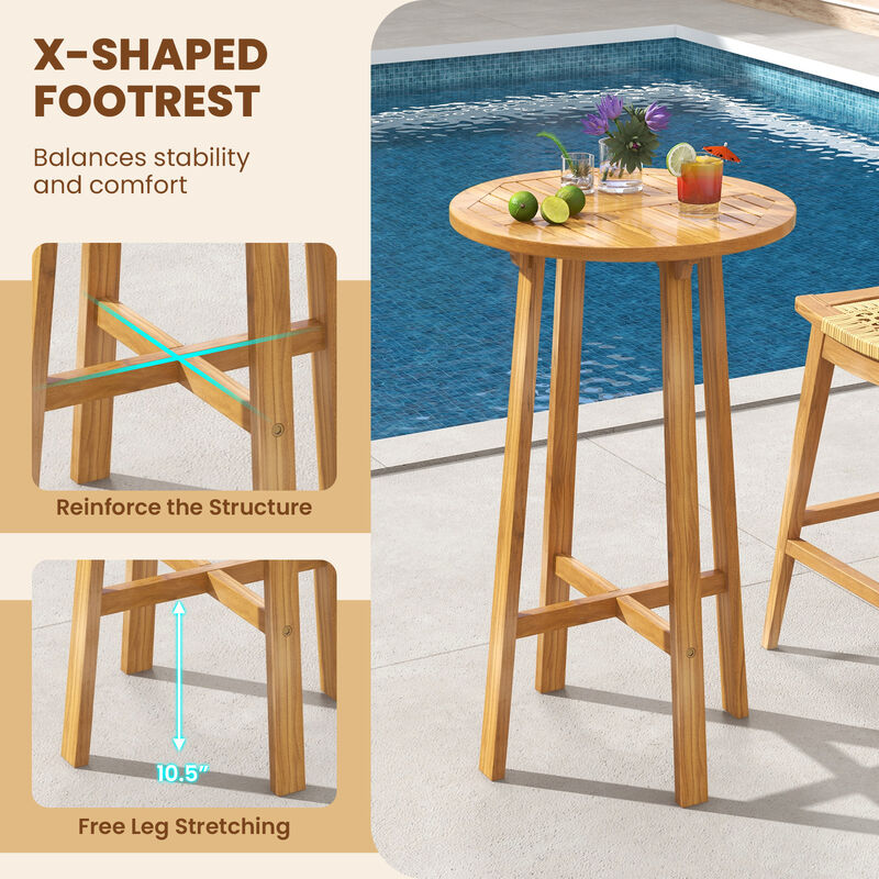 Teak Wood Round Bar Table with Footrest for Indoors Outdoors
