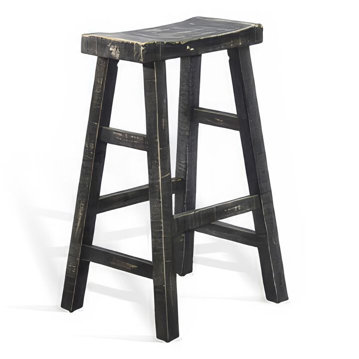 Rena Barstool Set of 2, Saddle Style Seat, Black Sand Mahogany Wood - Benzara