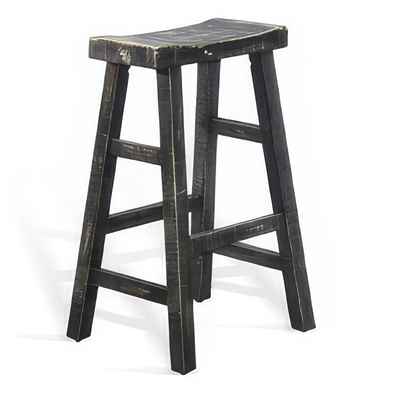 Rena Barstool Set of 2, Saddle Style Seat, Black Sand Mahogany Wood - Benzara