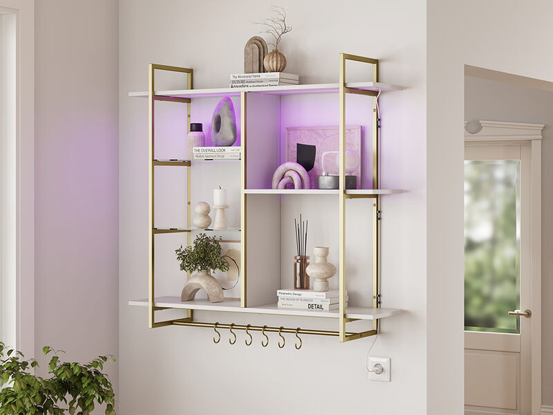 BELLEZE Floating Shelves for Wall with Lights, 40" LED Wall Mounted floating Shelves for Bathroom, Kitchen, Bedroom, Hanging Display Rack Bookshelf with 6 Hooks, Floating Bar Shelves Gaming Room Decor