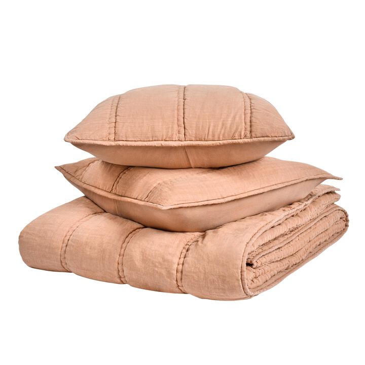 Rawi 3 Piece Queen Quilt Set, Channel Stitched Clay Ramie, Cotton - Benzara