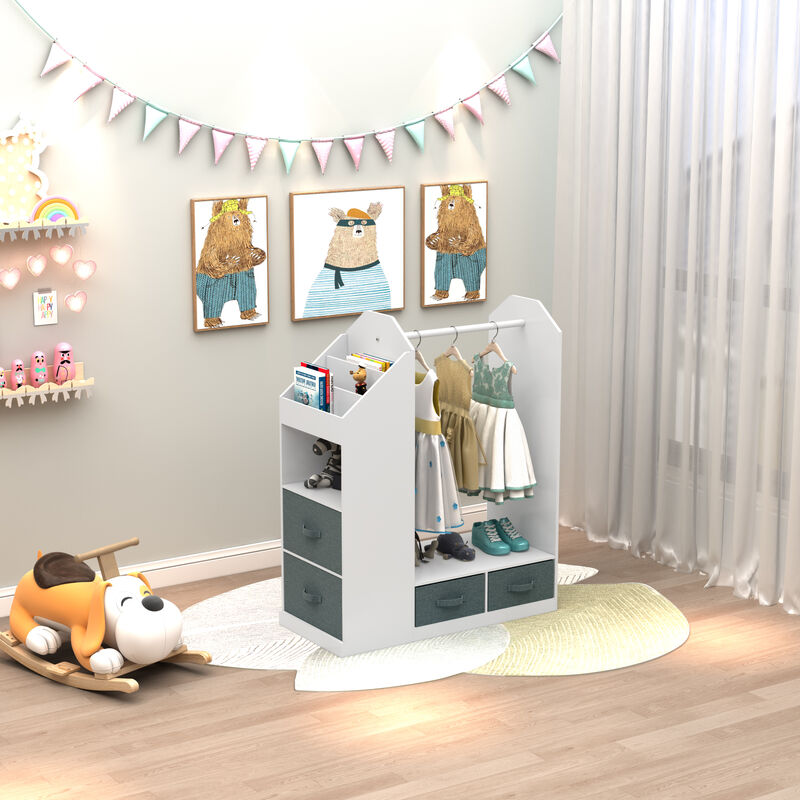 Kids' Open Wardrobe with Mirror Freestanding Hanging Armoire Closet for Clothes & Storage
