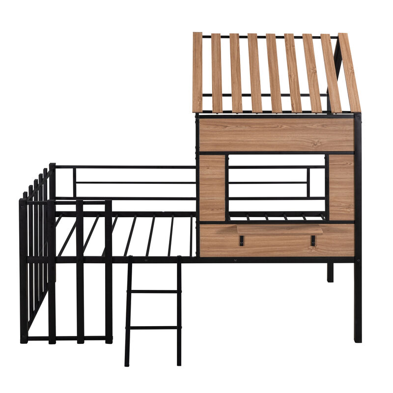 Metal Twin Size Loft Bed With Roof, Window, Guardrail, Ladder