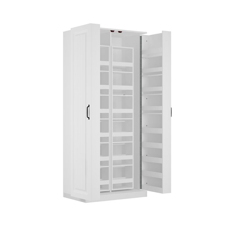 White Wood 31.5 in. W Food Pantry Cabinet Kitchen Buffet Bar Storage Rack, With Double Doors, Rotating Storage Racks