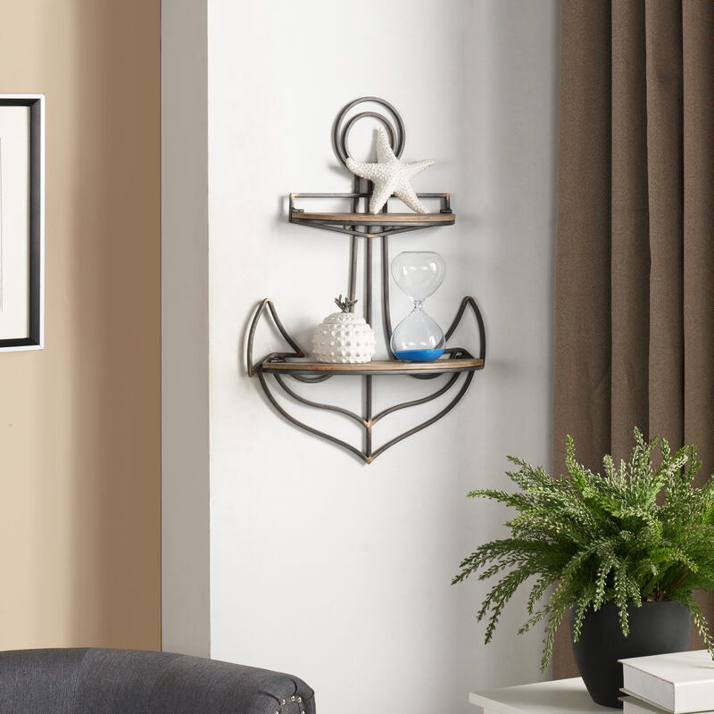 Nautical Themed Anchor Shaped 2-Tier Metal and Wood Wall Shelf