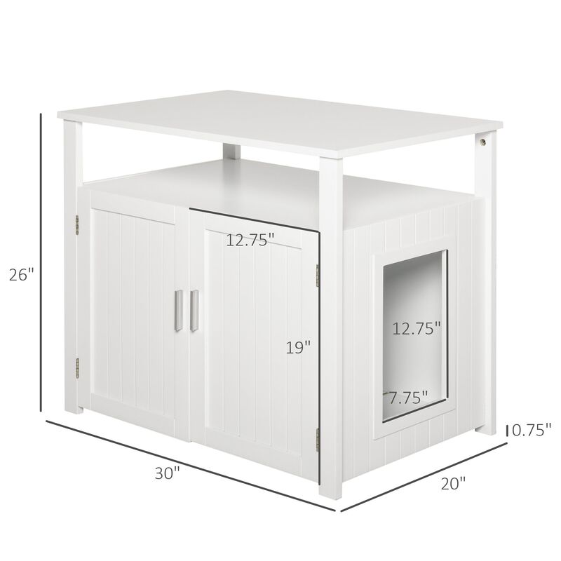 White Kitty Litter Cabinet: Wooden Nightstand with Adjustable Wall