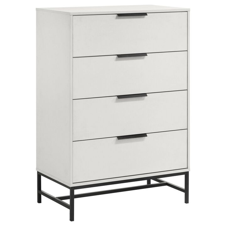 Noro Tall Dresser Chest, 4 Storage Drawers, Modern White, Black Metal - Benzara