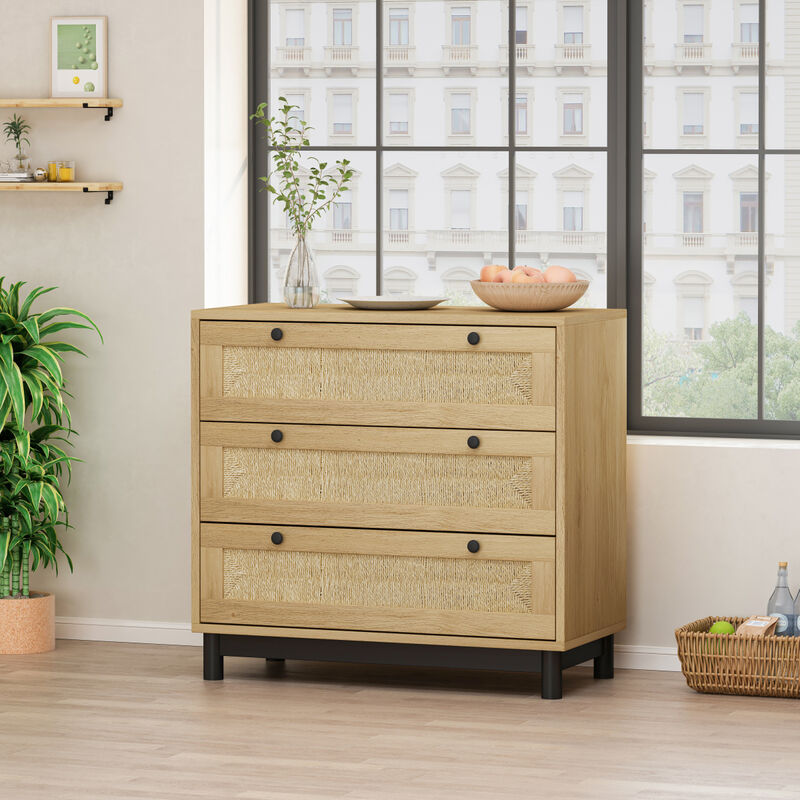 30" Oak 3-Drawer Woven Storage Cabinet for Multiple Rooms