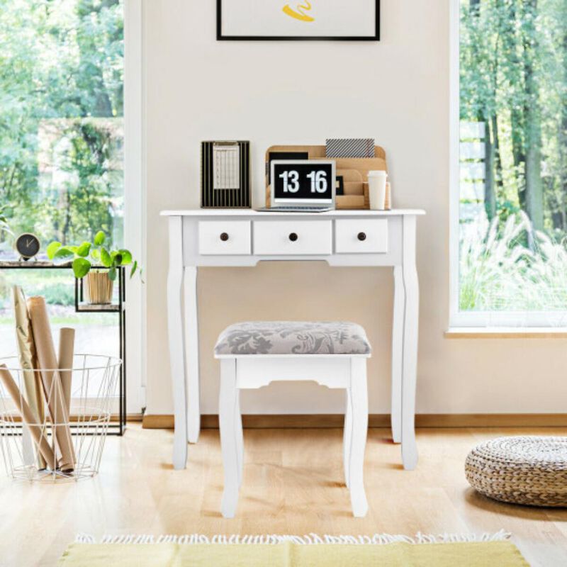 Dressing Table Set with Oval Mirror Stool and 5 Storage Drawers