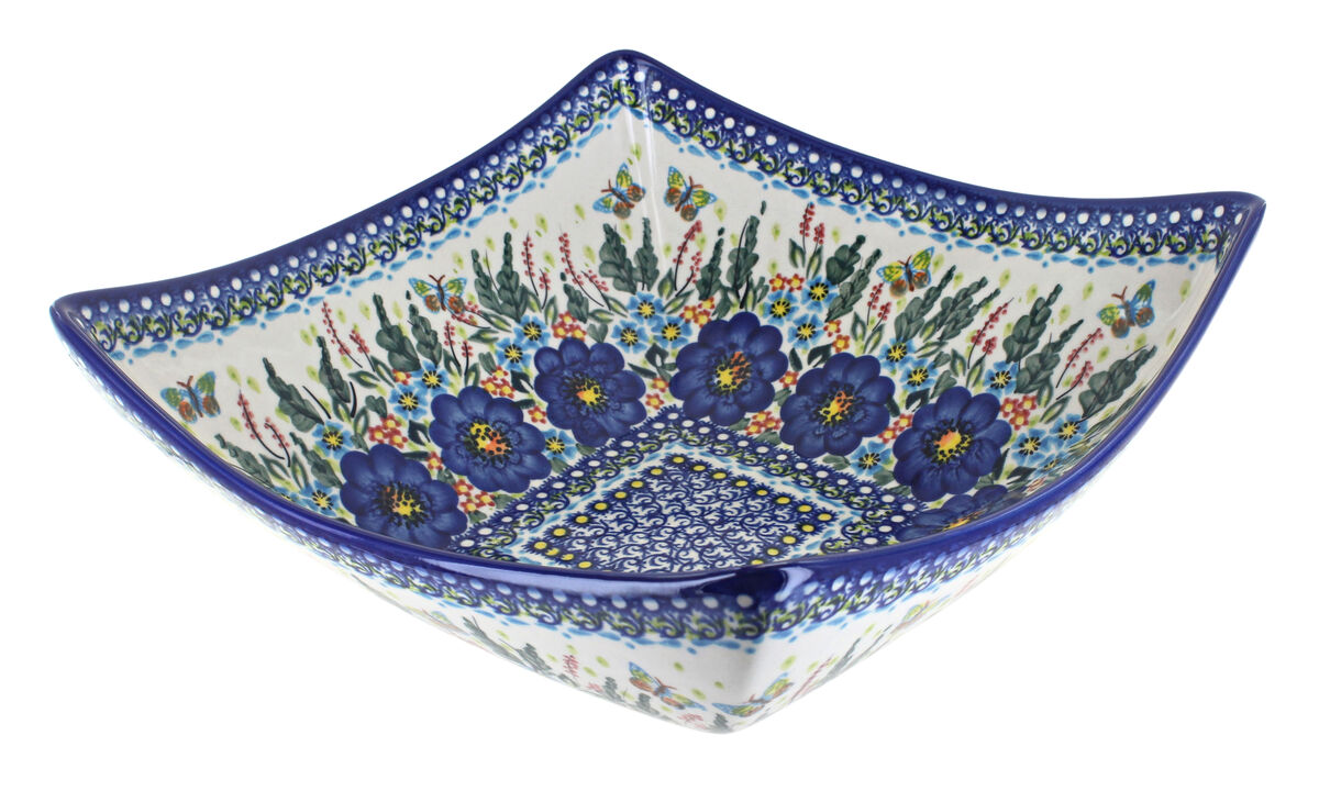 Blue Rose Polish Pottery Garden of Blue Large Square Bowl