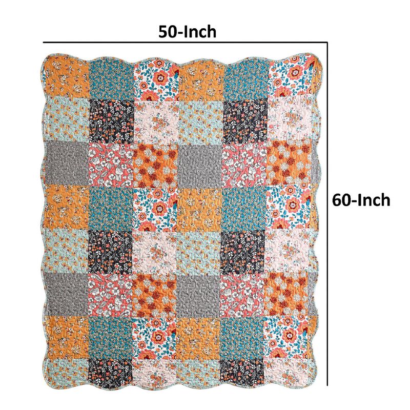 Turin 60 Inch Throw Blanket, Microfiber, Patchwork Floral Print, Multicolor-Benzara