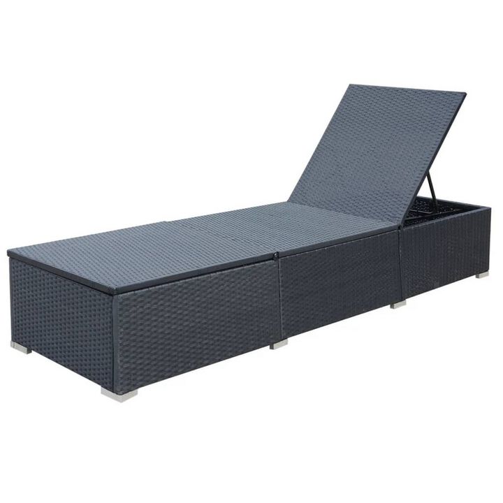 Nino Adjustable Outdoor Sun Lounger Chaise, Blue Cushion, Black Rattan - Benzara