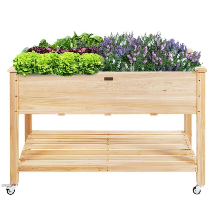 Hivvago Wood Elevated Planter Bed with Lockable Wheels Shelf and Liner