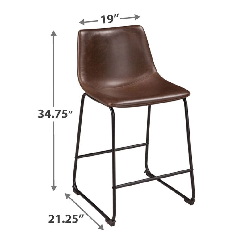 Tia Counter Height Chair Set of 2, Brown Faux Leather, Bucket Seat - Benzara