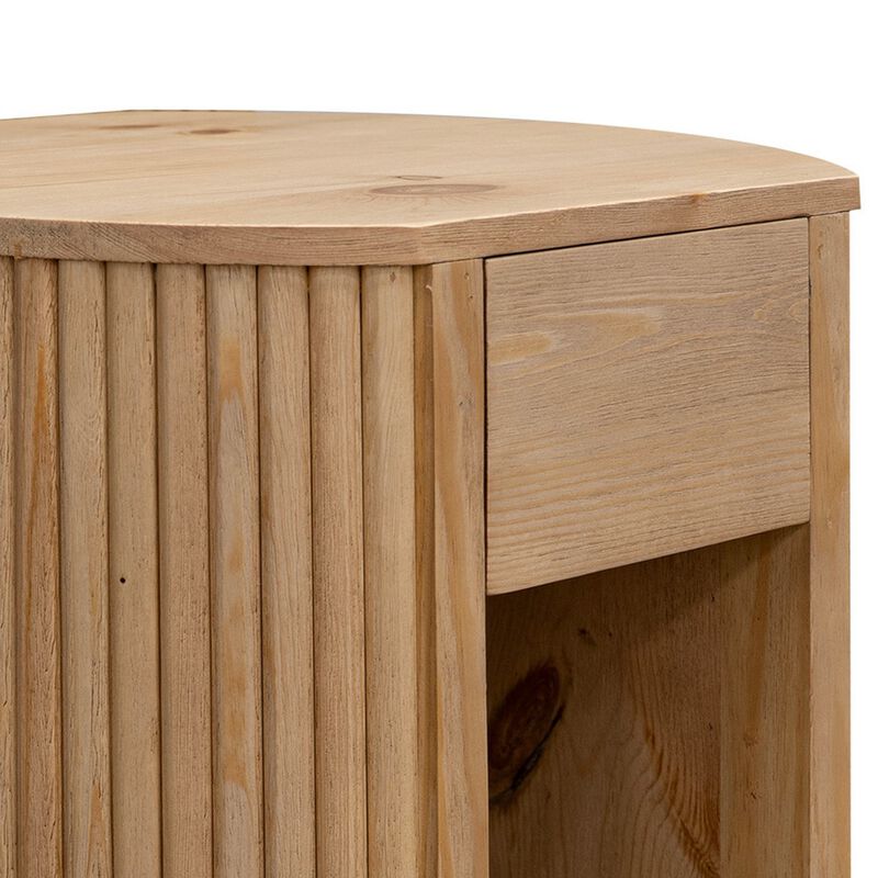 Izya 20 Inch Chairside End Table, Drawer, Intricate Ribbed Column, Brown - Benzara