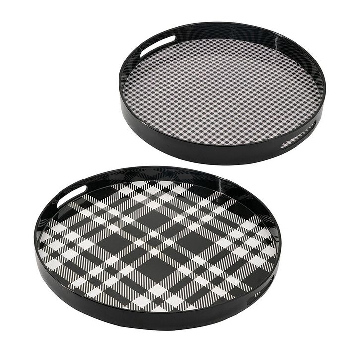 2 Piece Round Decorative Tray, Plastic Frame, Black and White Plaid Print - Benzara
