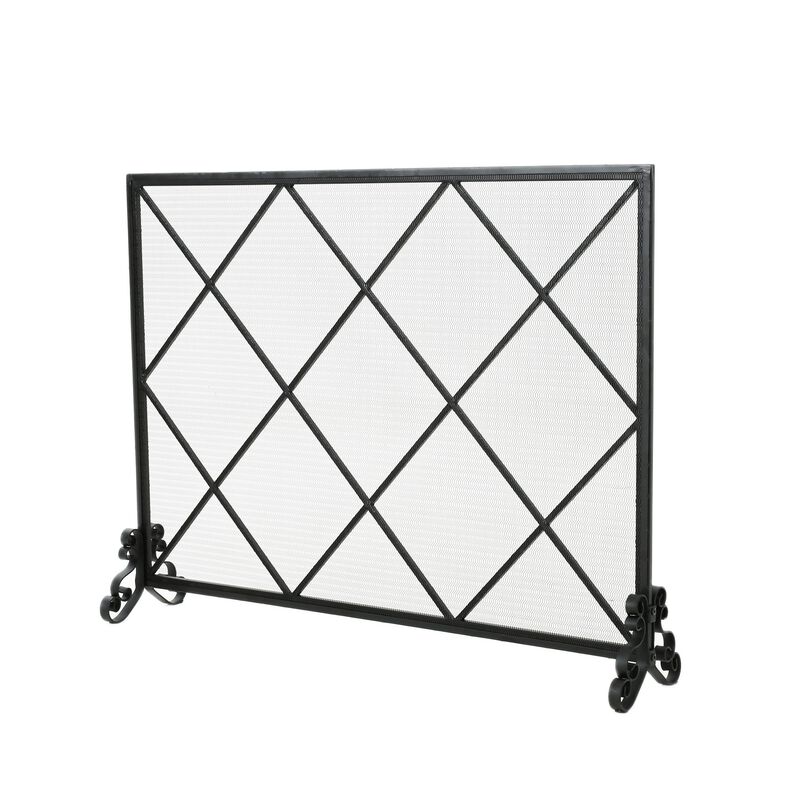 Fireplace Screen, Classic Diamond Shape with Mesh, 41x32 Black Finish -Benzara