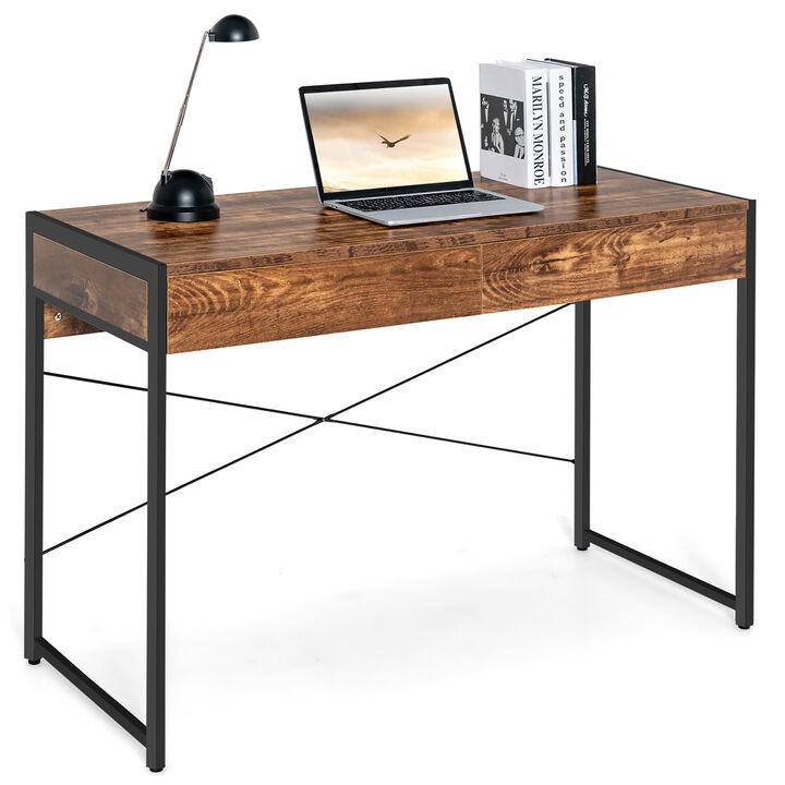Costway Computer Desk Metal Frame Study Table Home Office Workstation w/2 Drawers Black