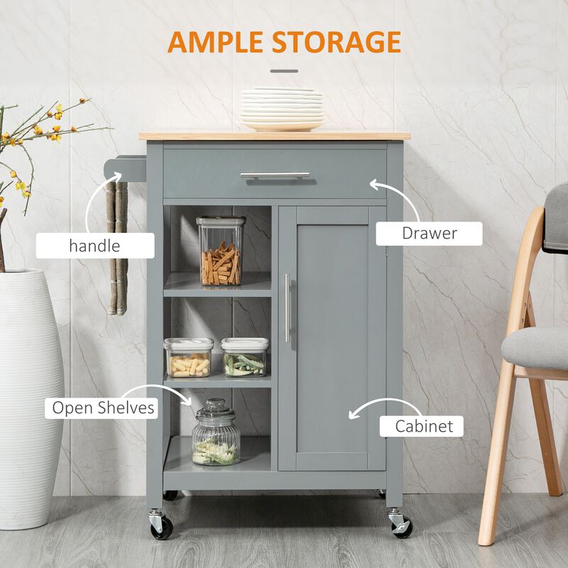 Gray Kitchen Island: Cart with Drawer, Cabinet & Wood Top