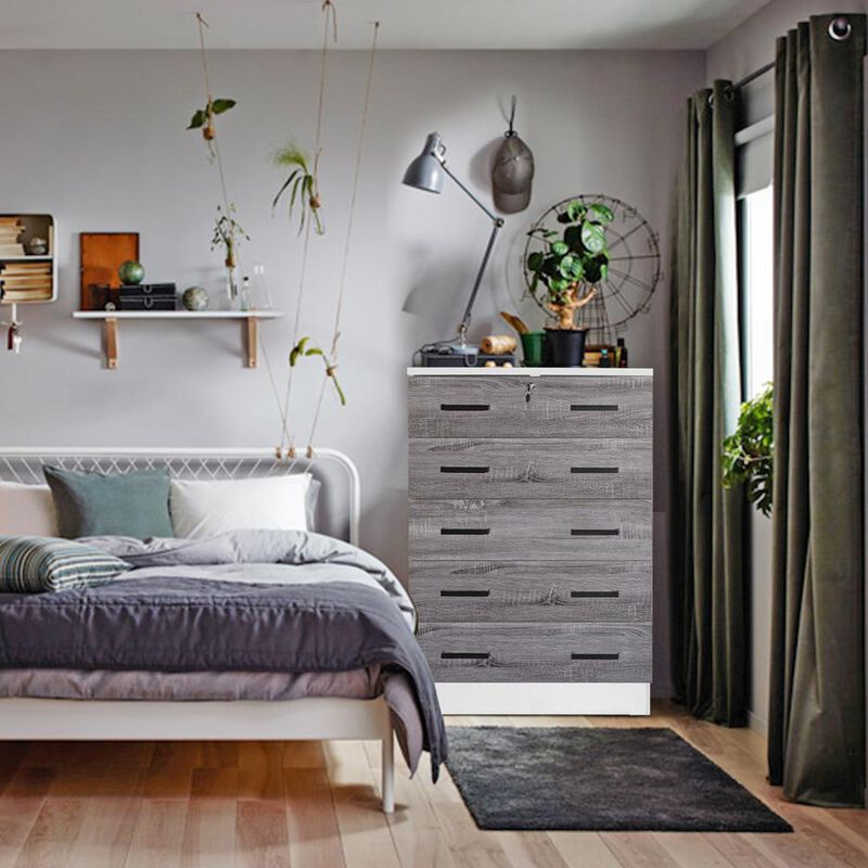Better Home Products Cindy 5 Drawer Chest Wooden Dresser with Lock in White/Gray
