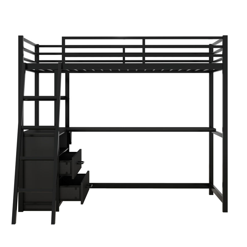 Twin Size Metal&Wood Loft Bed With Desk And Shelves, Two Built-In Drawers