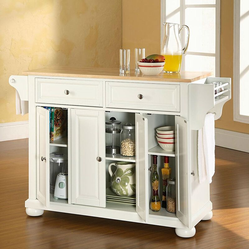 Hivvago White Kitchen Island Storage Cabinet with Solid Wood Top