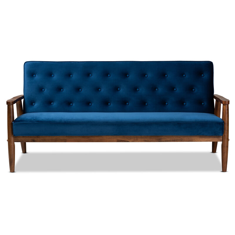 Baxton Studio Sorrento Navy Velvet Fabric Upholstered Walnut Finished Wooden 3 seater Sofa