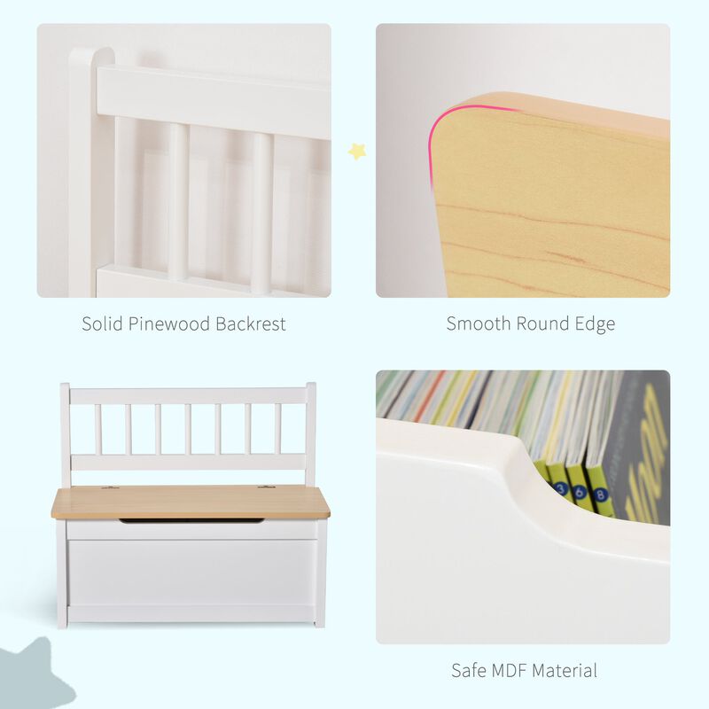 White Kids' Organizer: Wooden Toy Box with Bench Seat & Safety Rod