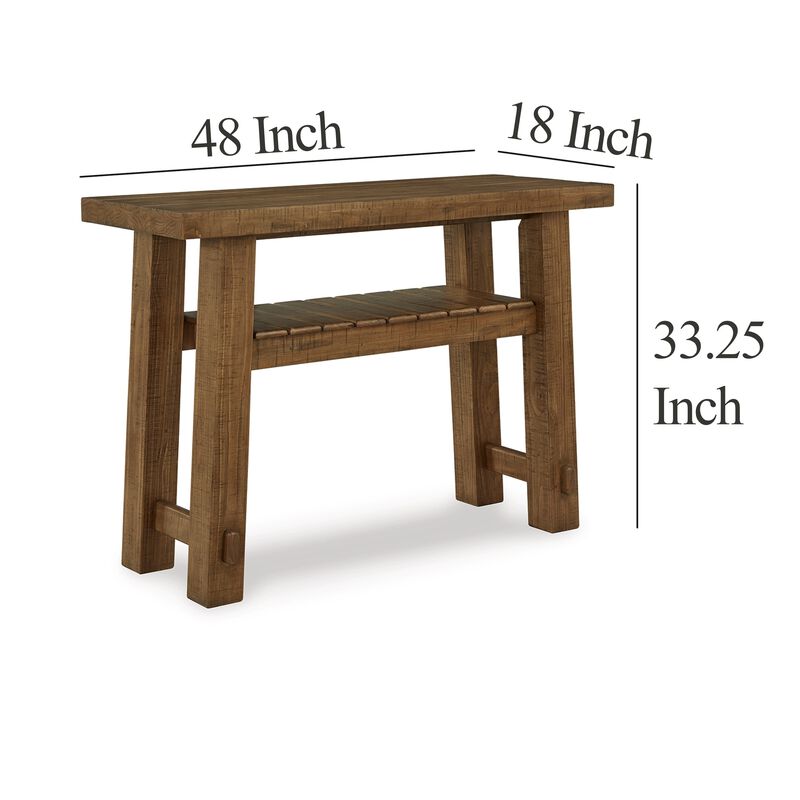 Ack Sofa Console Table, Slatted Shelf, Block legs, 48 Inch Brown Wood - Benzara