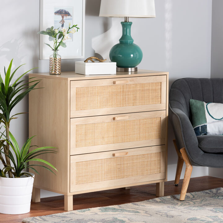 Baxton Studio Sebille Mid Century Light Brown Finished 3 Drawer Storage Rattan Cabinet