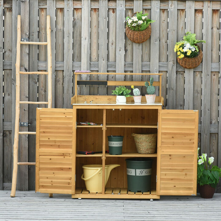 Yellow Garden Station: 34.25"L Wooden Potting Bench with Storage
