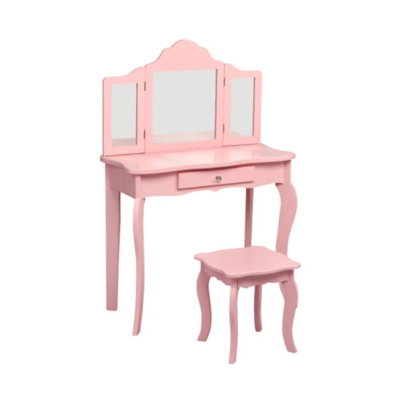 Hivvago Kids Makeup Dressing Mirror Vanity Table Stool Set-Pink