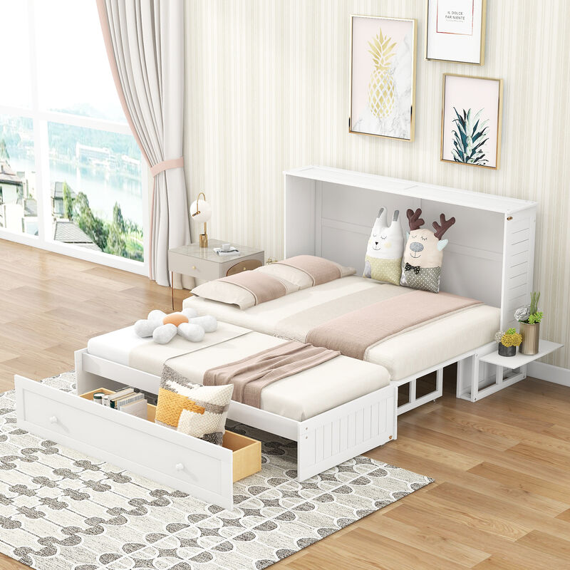 Queen Size Mobile Murphy Bed With Drawer And Little Shelves On Each Side