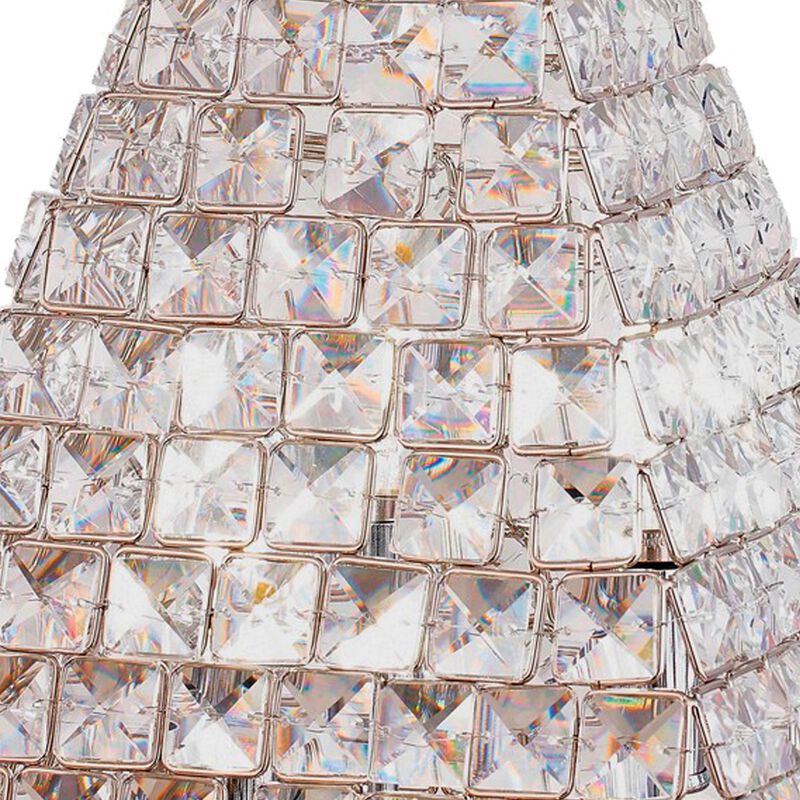 14 Inch Table Lamp, Crystal Pyramid Shaped Frame, Stone Studded, Silver - Benzara