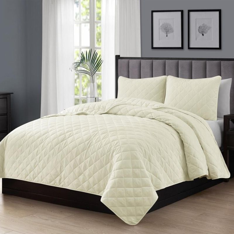 Hivvago King CAL King 3 Piece Ivory Polyester Microfiber Reversible Diamond Quilt Set
