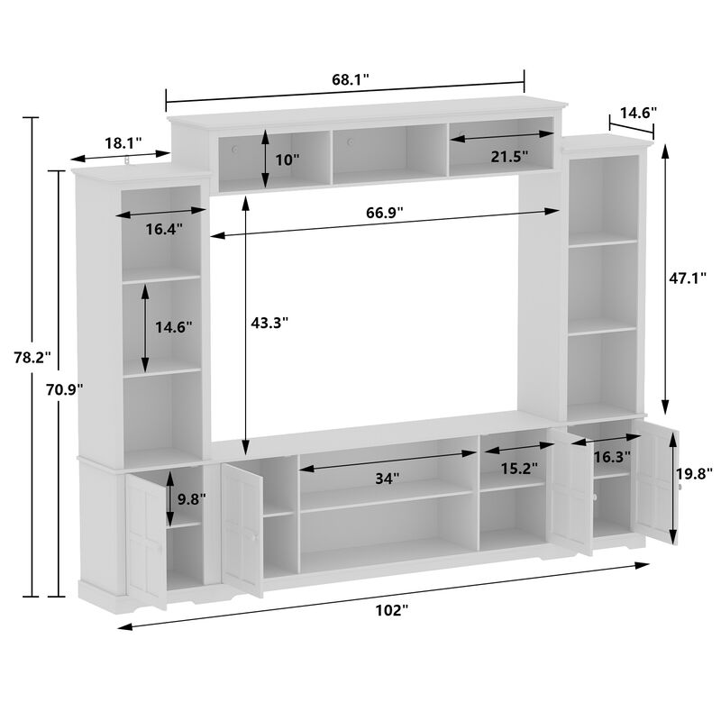 White Wooden TV Stand Fits TV's up to 75 in. with Open Shelves and Tempered Glass Door Cabinet