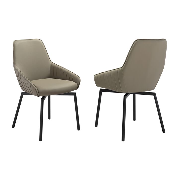 Shin 23 Inch Swivel Dining Chair Set of 2, Curved, Gray Faux Leather, Black - Benzara