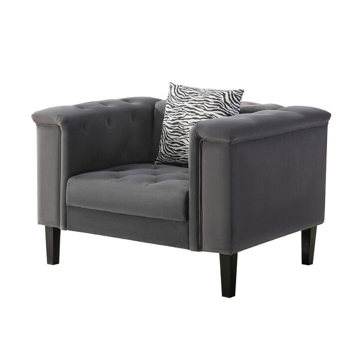 Aki 44 Inch Accent Chair with Pillow, Deep Button Tufted, Gray Velvet-Benzara